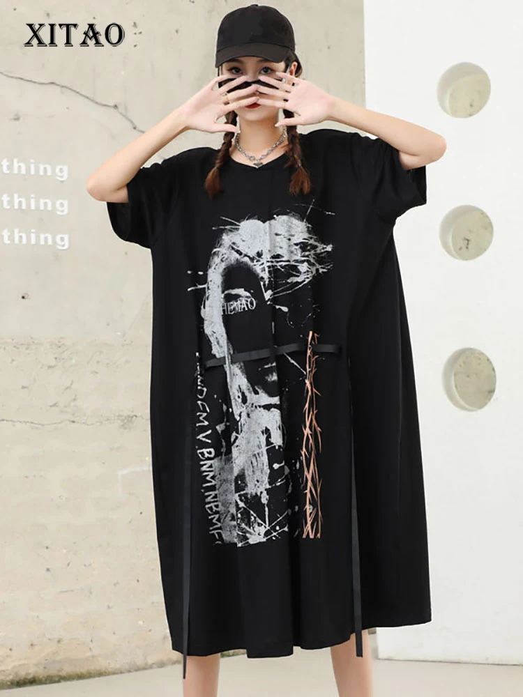 

XITAO Black T-shirt Dress Loose Fashion Street Trendy Women Casual Summer New Personality Splicing Bandage Dress WMD6442