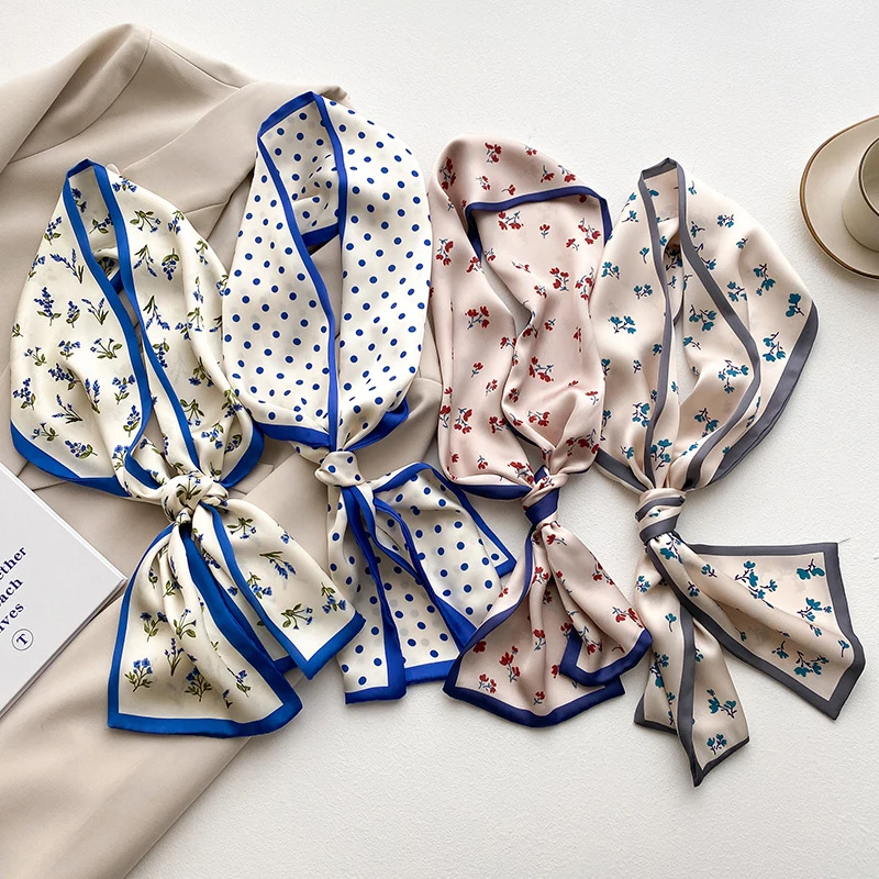 

Silk Skinny Ribbon Scarf Polka Dots Striped Headband Bag Strap Decorative Neckerchief Hair Band Tie Office Lady Shawl Bandanas