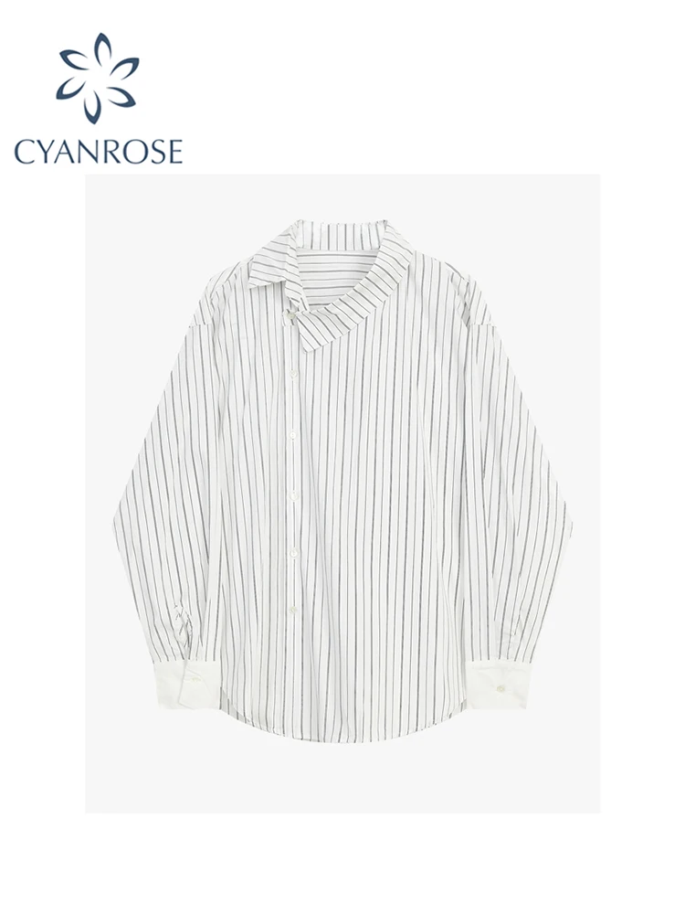 

Women's White Striped Shirt and Blouses Long Sleeve Streetwear Vintage Harajuku Casual Ladies Elegant Y2k Shirts Top 2023 Summer