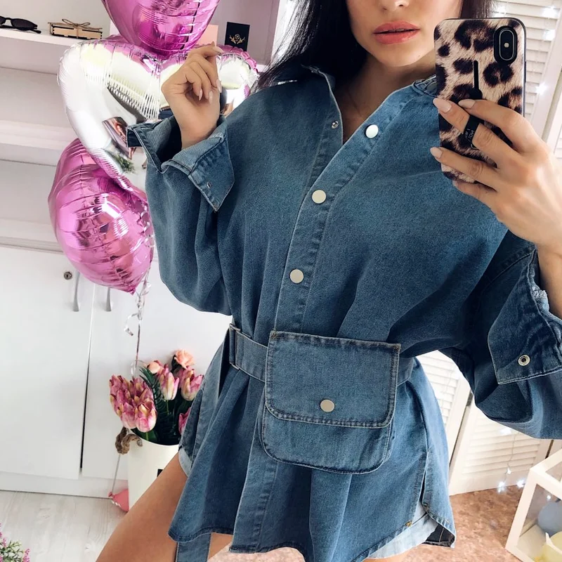 

Women's Solid Denim Dress Fashion Female Pocket with Belt Slim Ladies Single Breasted Casual Vintage Dresses Free Bags Vestidos