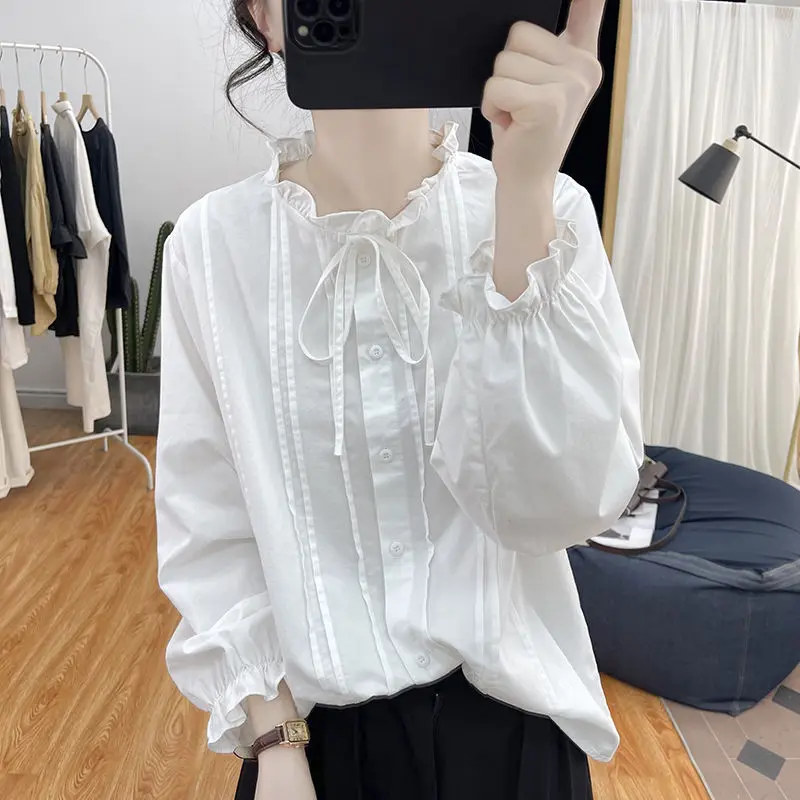 Французская милая рубашка с длинными рукавами и кружевным воротником женская