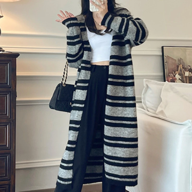 

Striped Knit Sweater Women Cardigans Autumn Maxi Loose Soft Knitted Jacket Cardigan Sweater Korean Y2k Streetwear Pullover