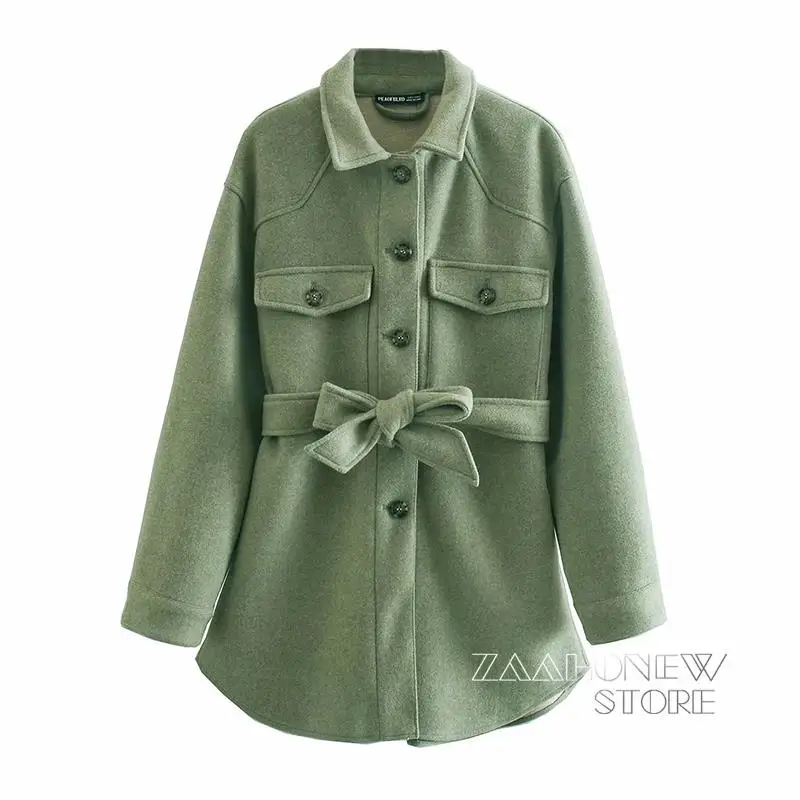 

ZAAHONEW 2022 Autumn Winter Women Vintage Green Thick Shirt Jacket New With Belt Warm Coat Female Casual Pockets Solid Outwear