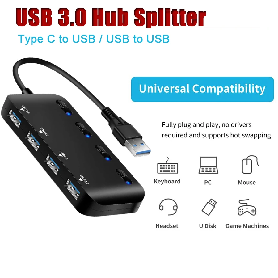 USB 3.0 Hub Splitter USB Extender 4 Port 5Gbps High-Speed Ultra Slim Data Hub with Individual Power Switch and LED for Notebook