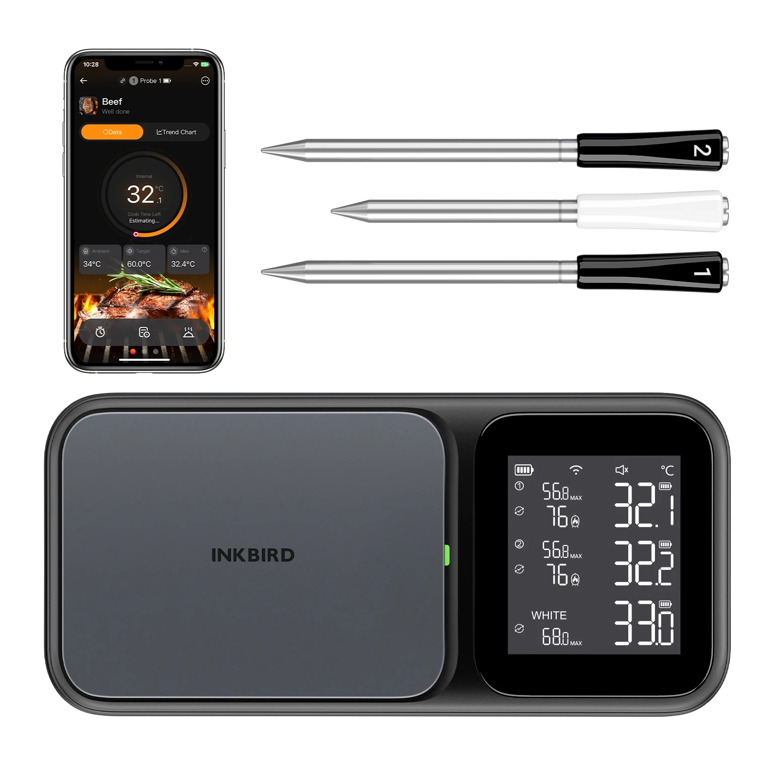 Фото Беспроводной термометр для мяса INKBIRD WiFi+BT 5.4 с 3 датчиками, калибровка AI, NIST ±0.3 ℃ Дальность действия 650 футов, 120 минут автономной работы, IP67 для барбекю №1