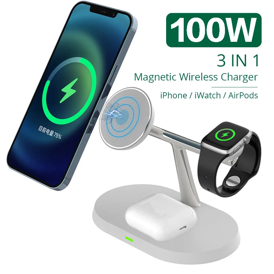 100 Вт для беспроводного зарядного устройства MagSafe 3-в-1, Apple Watch, AirPods, зарядная станция для iPhone 13, 12, Pro, Pro Max, Mini