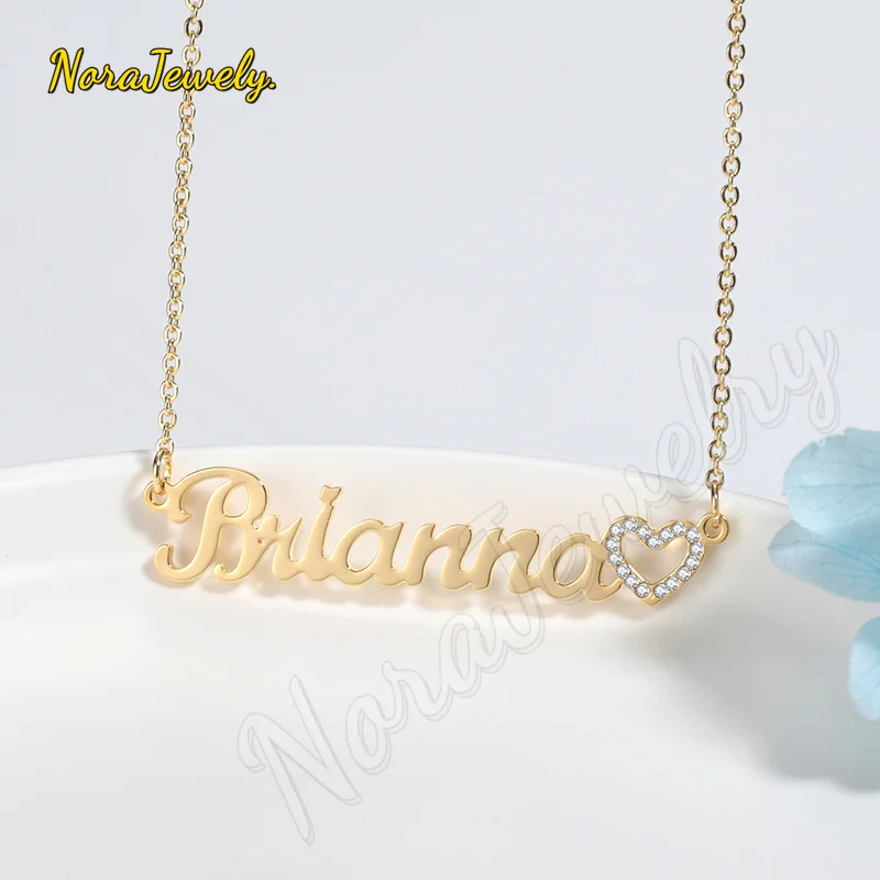 NORAJewelry Personalized Custom Name Necklace Iced Out Hollow Heart Name Stainless Steel Charm Nameplate Necklace Jewelry Women