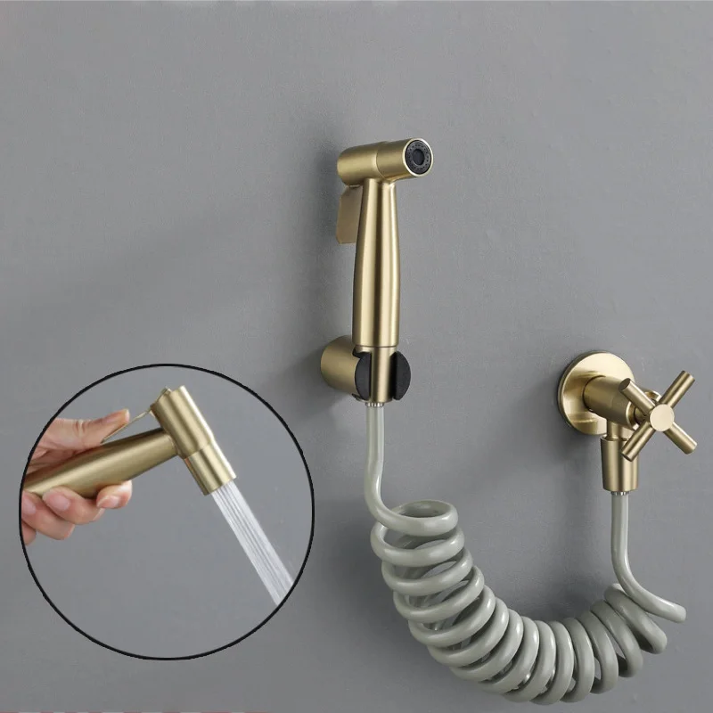 

Brushed Gold Douche Kit Hand Held Bidet Sprayer Faucet Stainless Steel Toilet Bidet Faucet Shattaf Valve Jet Set Hygienic Shower