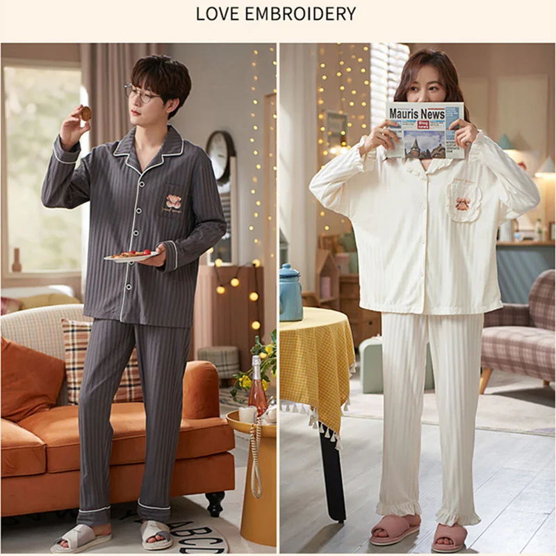 Adult Couples Sleepwear Spring And Autumn Home Pajamas Long-sleeved Trousers 2-piece Suit For Men And Women Sleep Costmues