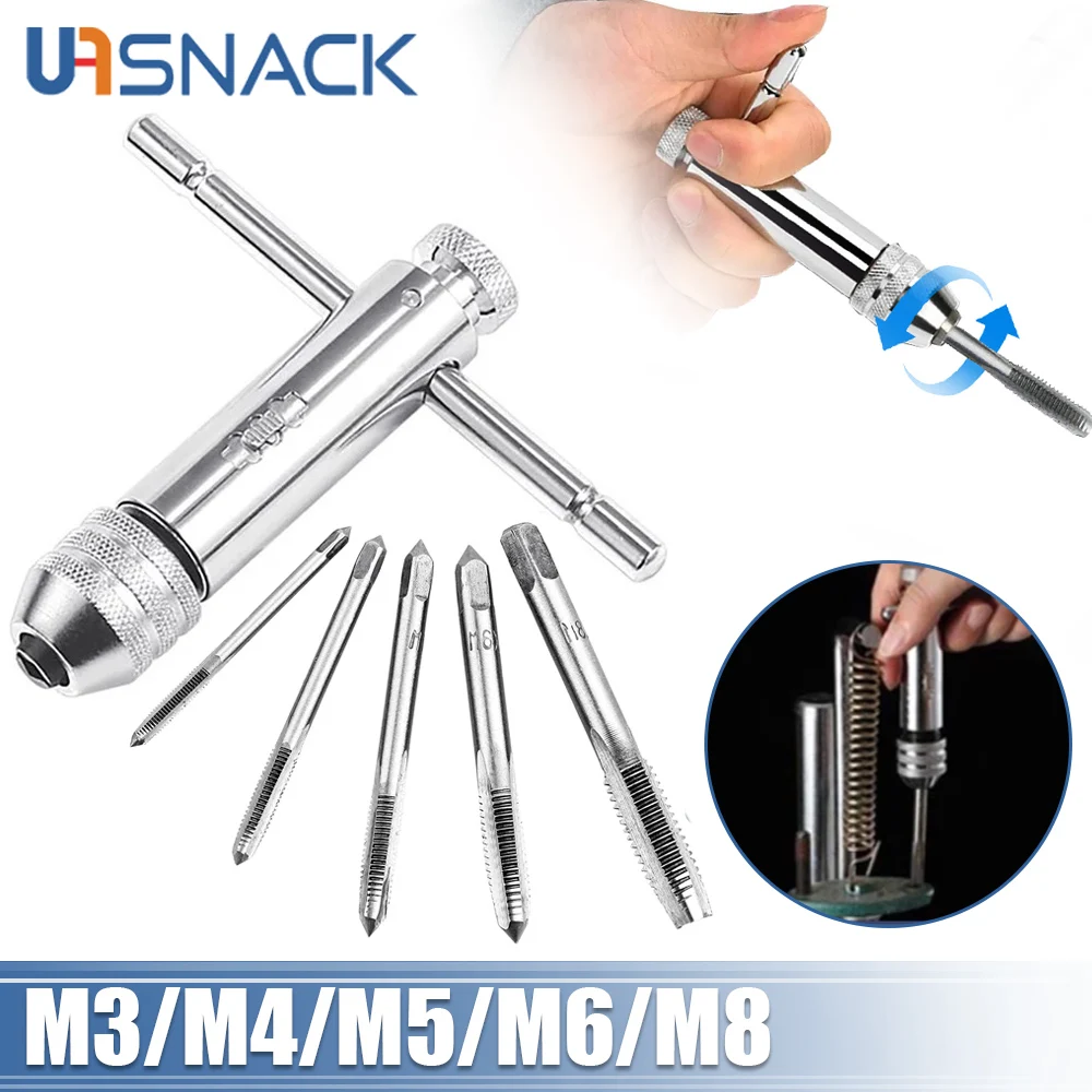 

Adjustable Silver T-Handle Ratchet Tap Holder Wrench with 5pcs M3-M8 3mm-8mm Machine Screw Thread Metric Plug T-shaped Tap