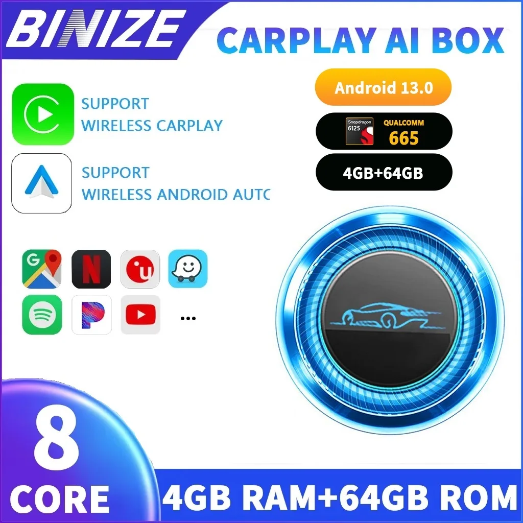

Binize Android 13 Carplay Ai Box с HDMI 4G + 64G YouTube Netflix IPTV Spotify для автомобиля с OEM CarPlay Qualcomm 6125 8-ядерный