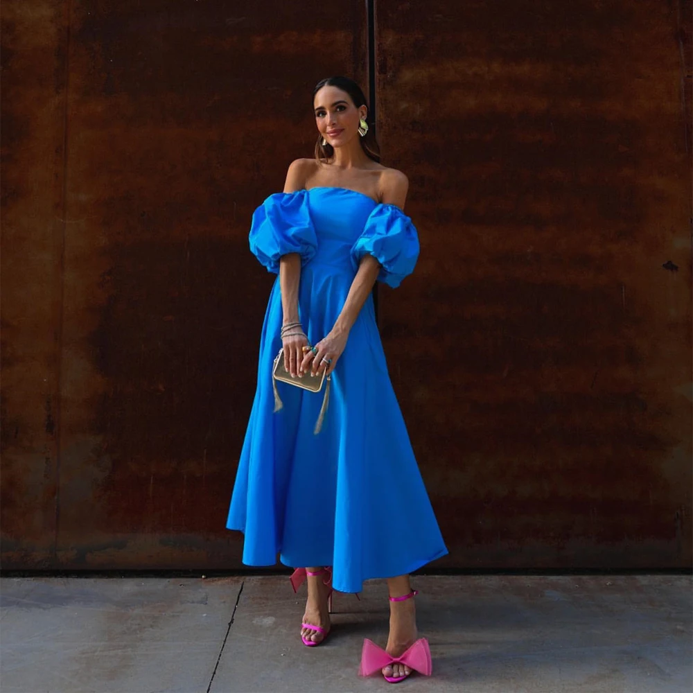 

Blue Casual Elegant Women Summer Dress Off Shoulder Puff Sleeves Long Formal Party Prom Gowns Evening Dresses Custom Made