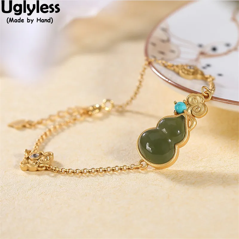 

Uglyless Ethnic Gourd Jade Bracelets Women China Culture FU LU GOOD LUCK Gifts Jewelry Gold Thin Bangles & Bracelets 925 Silver