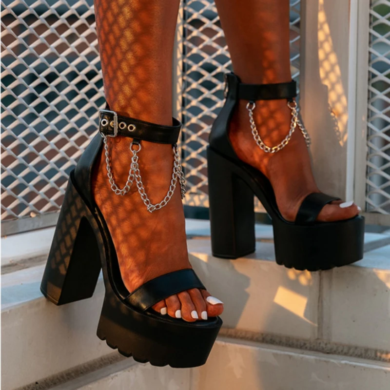 New Summer Platform Ankle Strap Buckle Square Heel CHAIN Cover Heel Fashion Sexy Woman Sandals Shoes