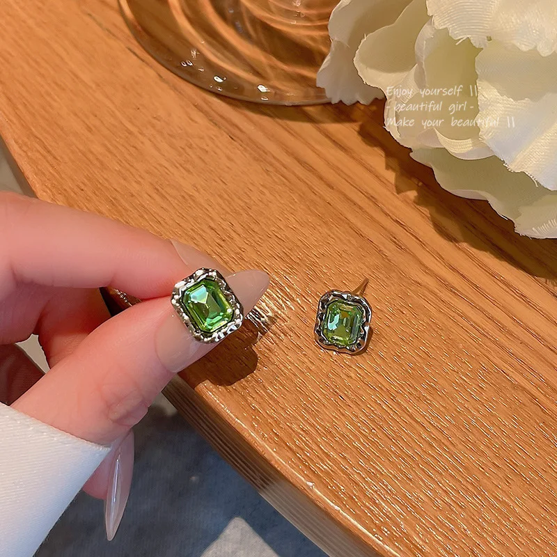 

S925 Silver Needle French Retro Green gem geometry Stud Earrings girls Anniversary Gift high-quality luxury earrings