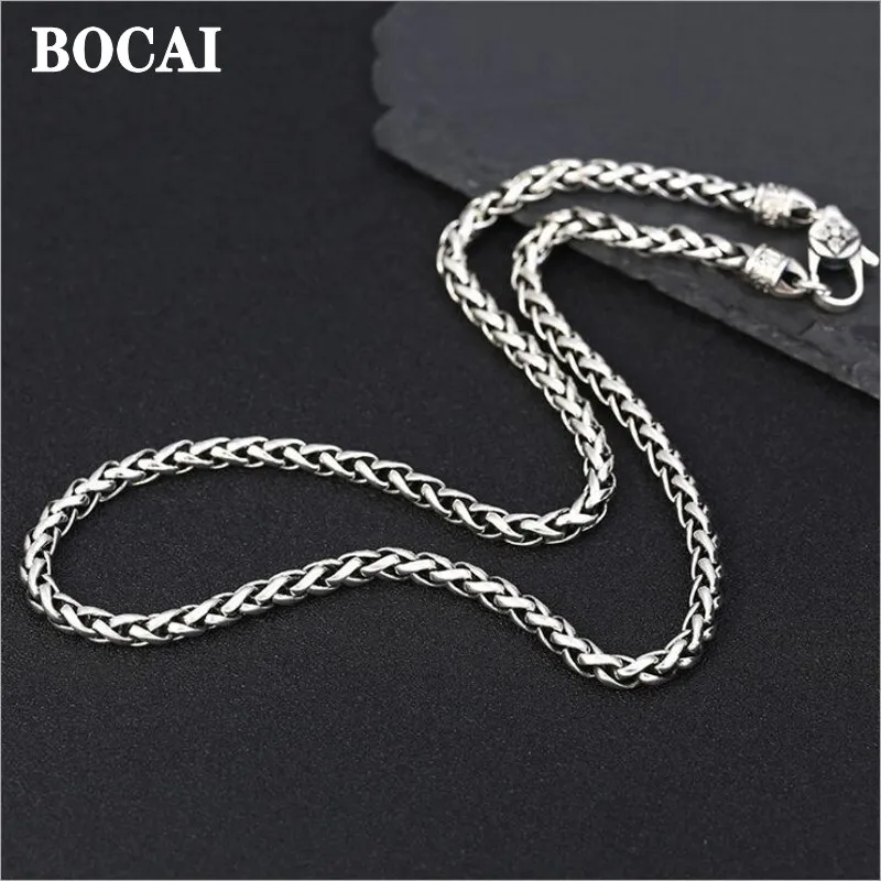 

BOCAI New 100% Real S925 Pure Silver Personality Wild 5mm Vajra Six-Word Mantra Man's Necklace Fashion Jewelry Accessories