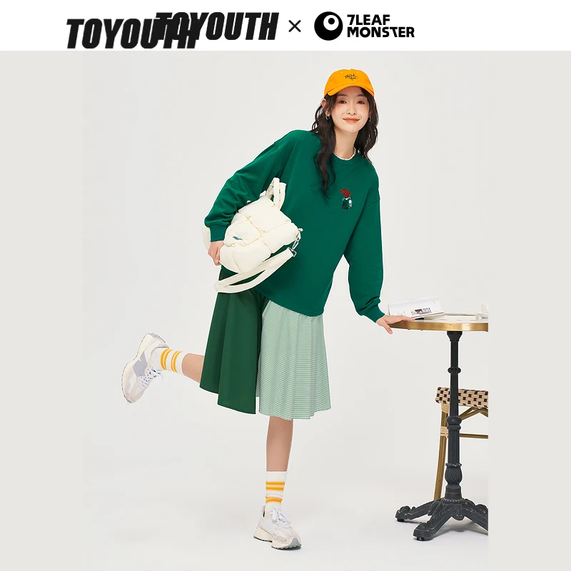 Toyouth Women Dress 2022 Autumn Long Sleeves O Neck Irregular Hem Green Embroidery Pattern Casual Long Dress