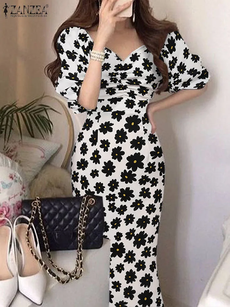 

ZANZEA Women Slim Mermaid Dress Ruched Korean Fashion Robes Floral Print V-neck Midi Dress Puff Sleeve Summer Elegant Vestidos