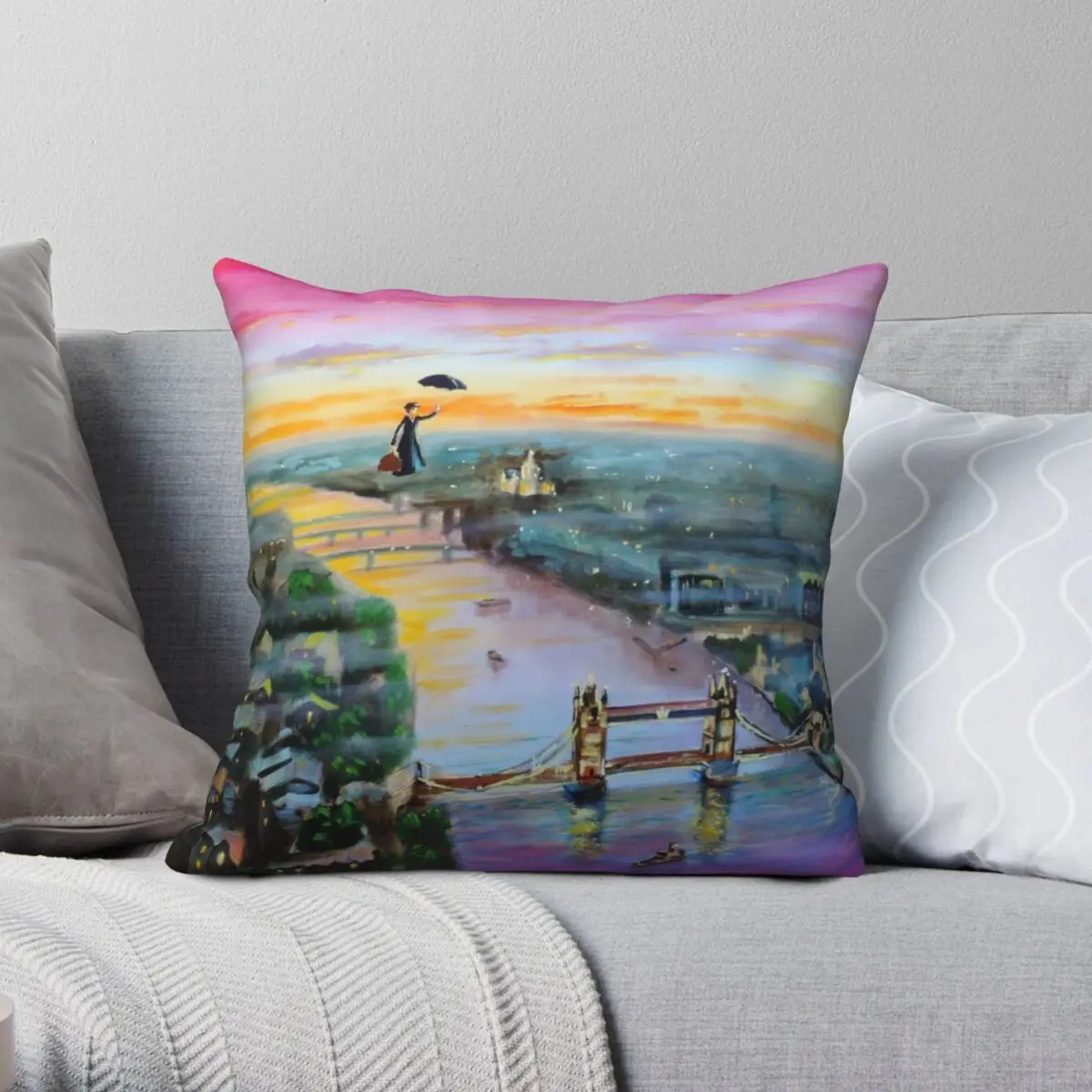 

Mary Poppins London Square Pillowcase Polyester Linen Velvet Pattern Zip Decor Home Cushion Cover 18"