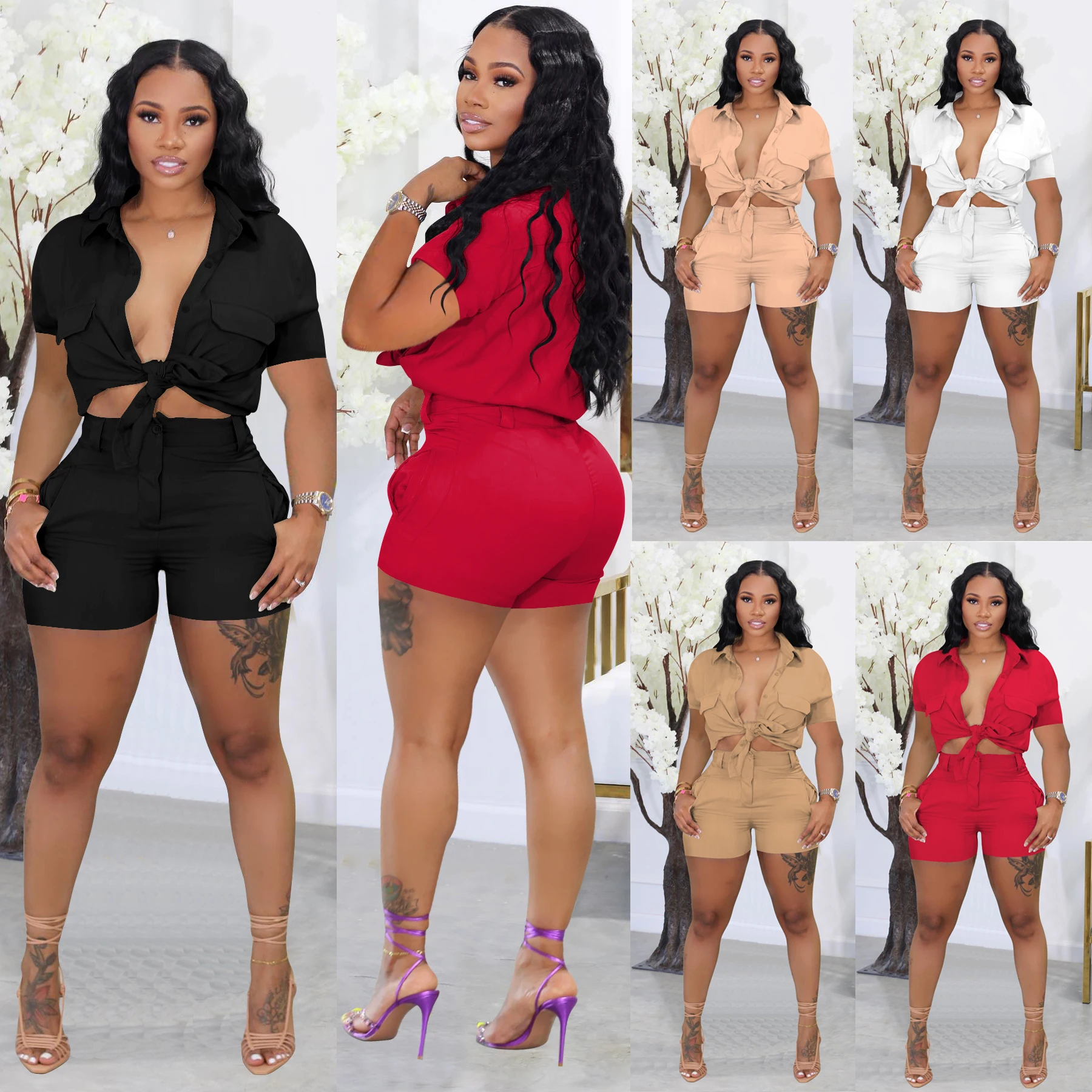 

Summer Fashion Solid color Lapel Short Sleeve Plus Size Casual Women Clothing crop tops Two Piece Set