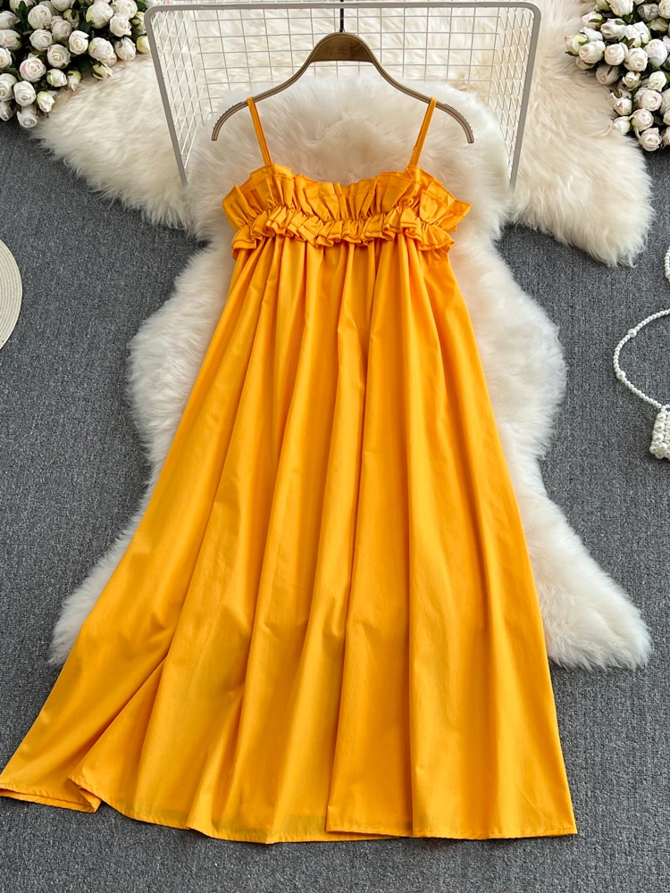 

ZCWXM Summer Clothing for Women Off Shoulder Sexy Suspenders Fold Bohemia Dresses Party Night Club Loose Yellow Dress