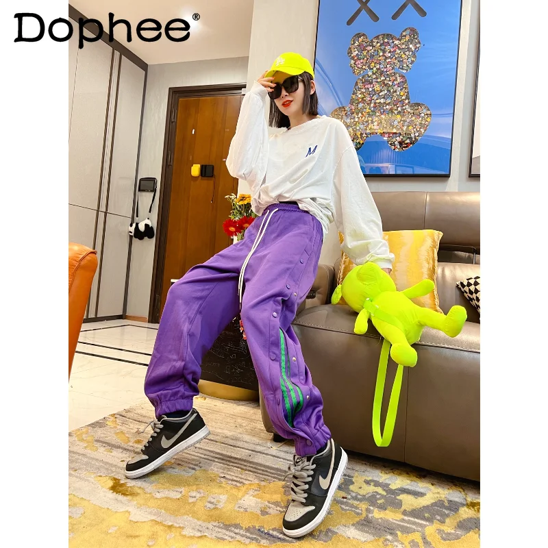 

2023 Spring Summer Track Sweatpants Loose Slimming Purple Ankle Banded Pants Side Open Snap Casual Pants Wide Leg Trousers Women