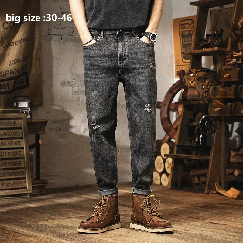 Рваные джинсы мужские Стрейчевые брюки-карандаш до щиколотки облегающие