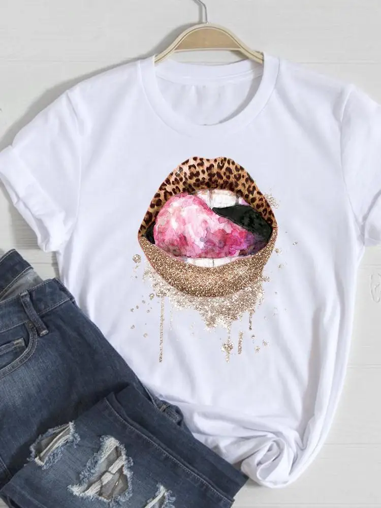 

Short Sleeve Women Leopard Lip Trend 90s 90s Graphic T Top Fashion Print T-shirts Cartoon Shirt Stylish Female Tee T-Shirt