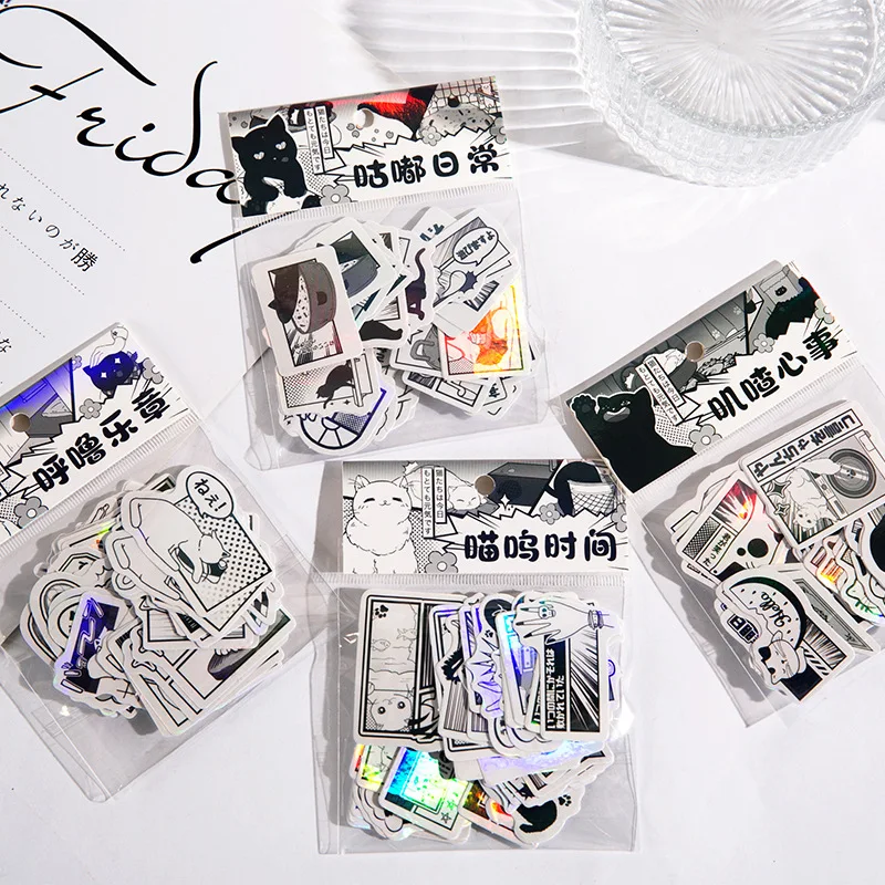 

40pcs/pack Cat Quartet Series Black and White Cute Cat Hand Book Material Decorative Stickers Pack