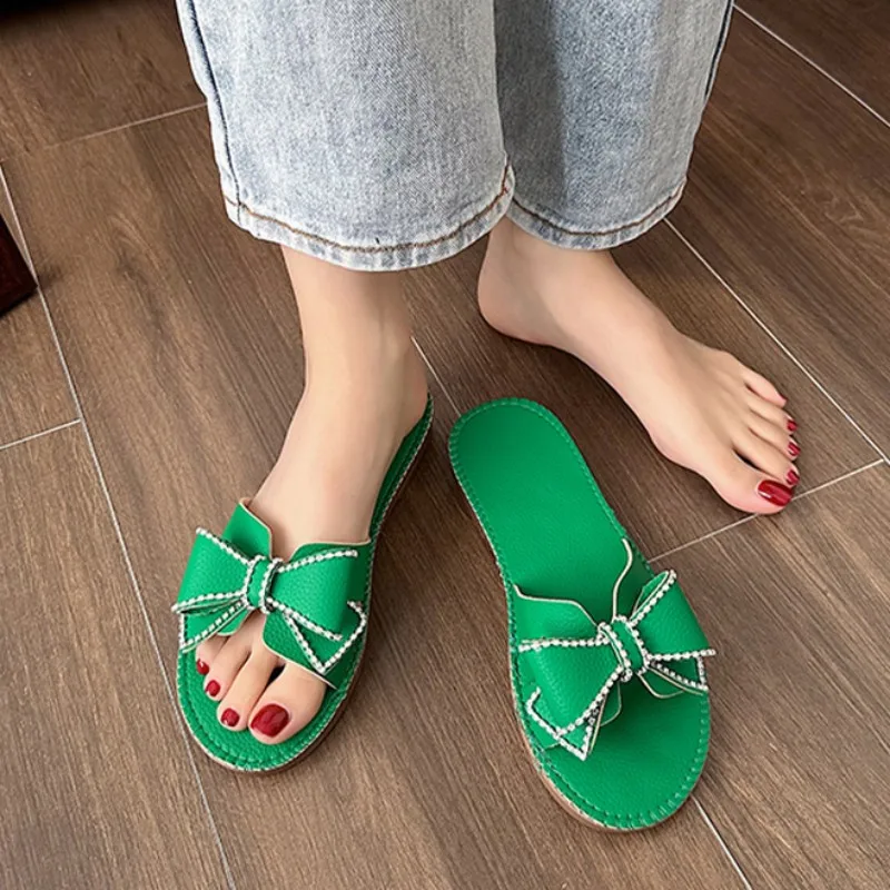 

Шлепанцы женские с открытым носком, Повседневная пляжная обувь на плоской подошве, сандалии-шлепанцы с бантом, сланцы, лето 2023