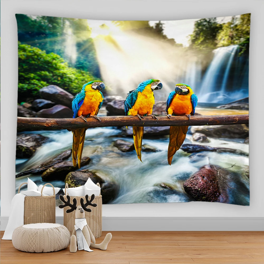 

Cute compact parrot bird decorative tapestry green plants leaves wall hanging art aesthetic room living room home decoration
