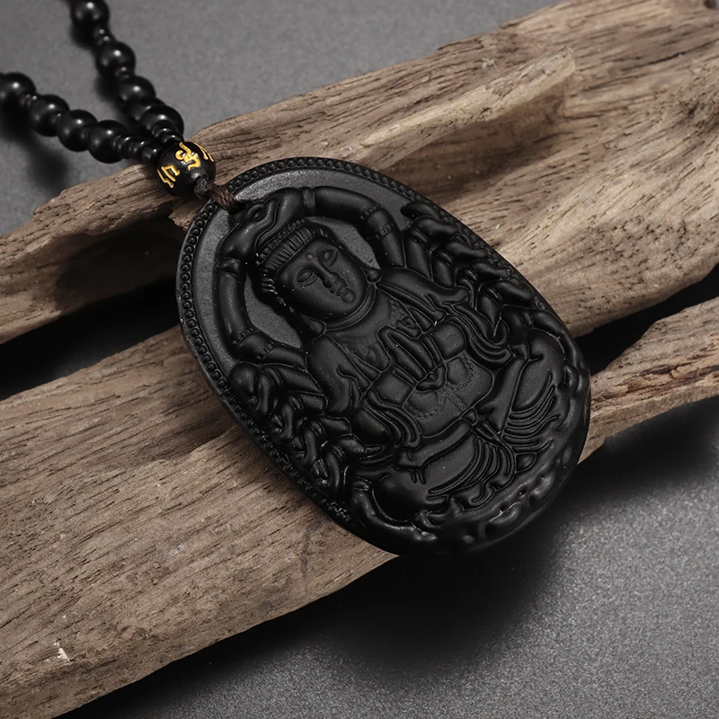 

Classical Faux Obsidian Carved Guanyin Pendant Beaded Necklace Vintage Luxury Lucky Charm Necklace Gifts for Men and Women