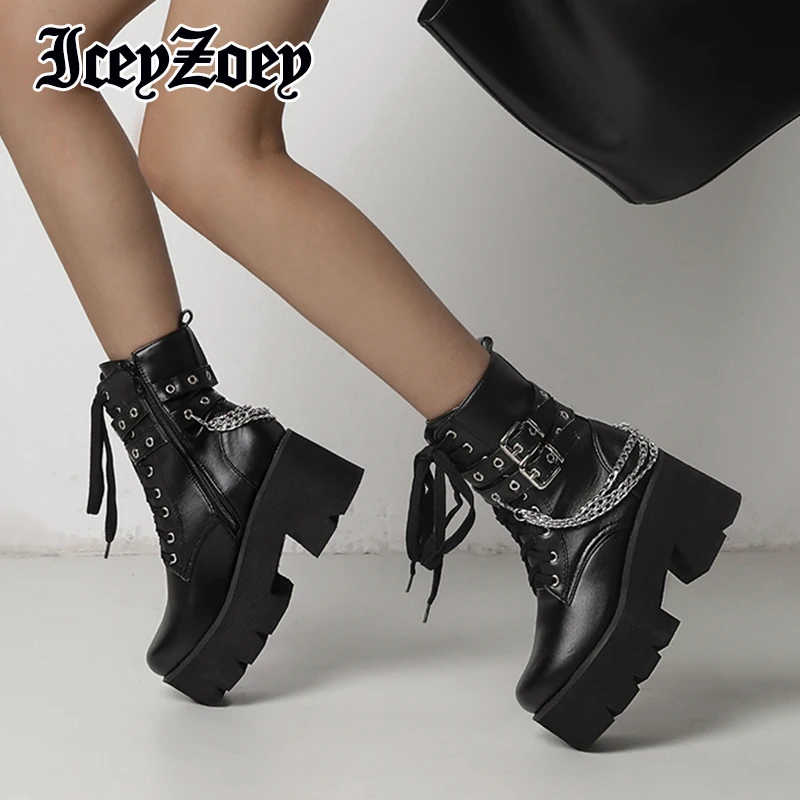 

IceyZoey Size 33-47 Women Ankle Boots 2023 New Chain Buckle High Heels Winter Shoes Woman Platform Warm Office Lady Footwear
