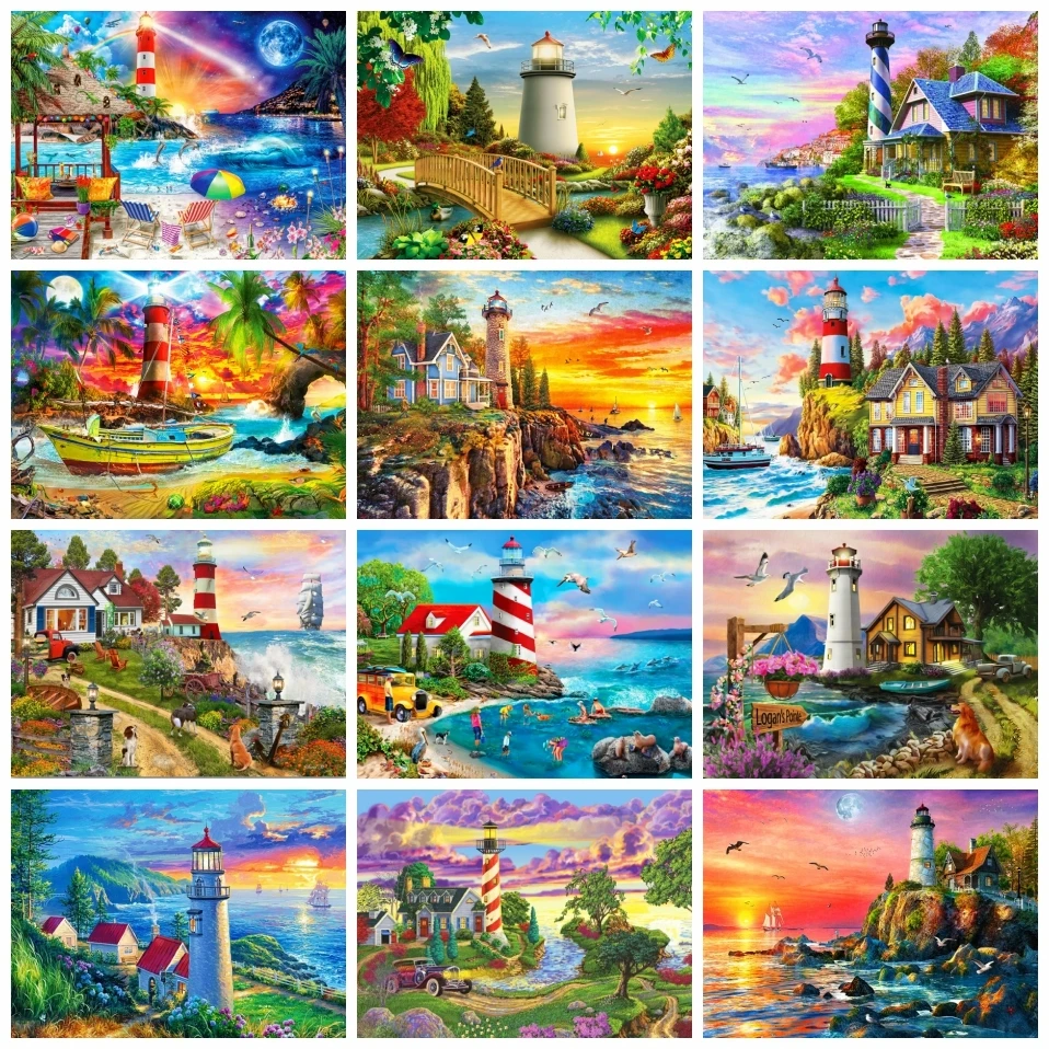 

Diy Diamond Embroidery Lighthouse Sunset Needlework Diamond Painting Landscape Rhinestone Cross Stitch Kits Seaside Mosaic Decor