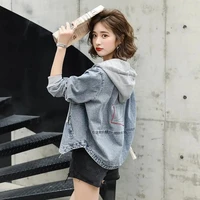 spring autumn short denim jackets 2022 new womens coat splicing embroidery drawstring zipper hooded jacket loose casual outwear