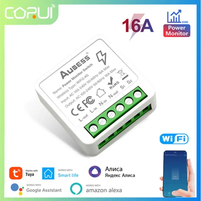 

CORUI Tuya WiFi MINI Smart Energy Monitor Switch Module 16A 2-gang Control Timer Smart Home Automation Alexa Google Home Yandex
