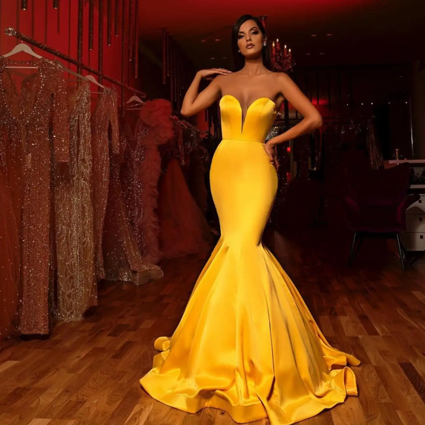 

Sexy Dark Yellow V-neck Mermaid Evening Dresses Formal Party Grown 2023 Custom Made Girl Wear