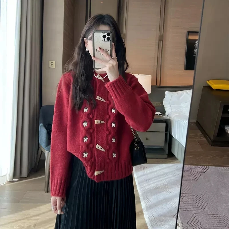 2023 весенний милый красный свитер женская одежда осень зима Новогодняя
