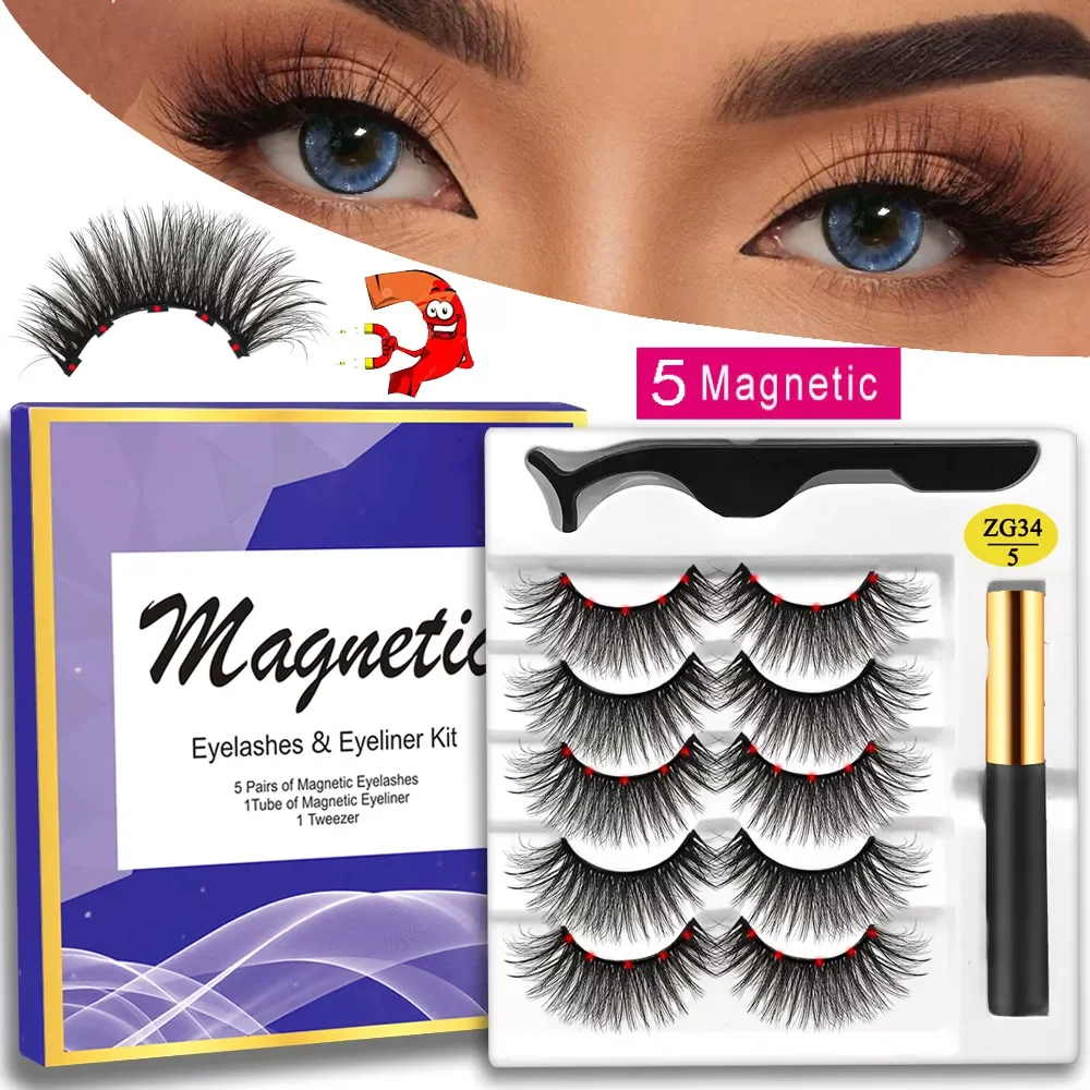 

NEW IN 5 Pairs Magnetic Eyelashes 5 Magnet 3D Mink Eyelashes Set With Eyeliner Tweezers Natural False Lashes Faux Cils Magnetiqu