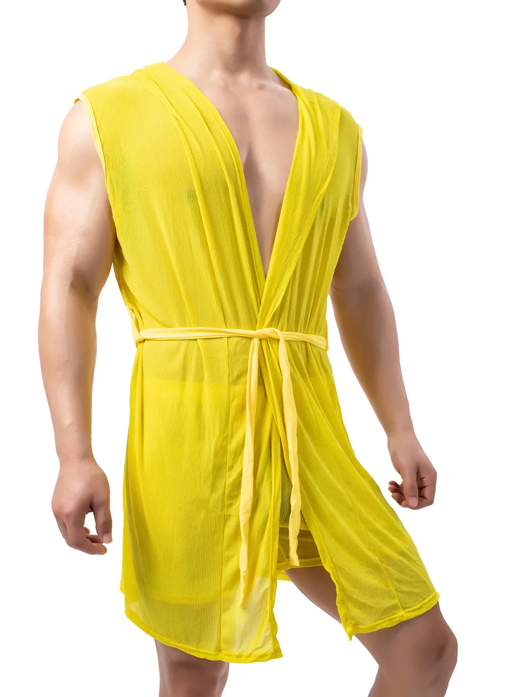 Men Bathrobe Pajamas Suit Sexy See Through Underwear Sleep Tops Home Wear Casual Loose Silky Hooded Frenulum Sleepwear Kimono