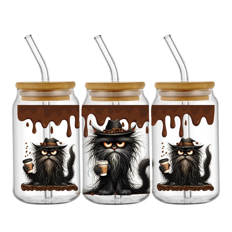 

Черная кошка, животное, мультфильмы, наклейка, УФ-переносная наклейка DTF, стакан для чашек, обертка для очков Libbey 16 унций, обертывания бутылок, кружка «сделай сам», палочка