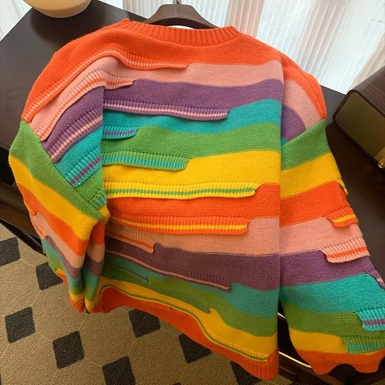 

Women Colorful Striped Knitted Sweater Fashion Rainbow Color Long Sleeve Pullovers Coats Autumn Winter Female Streetwear Sweater