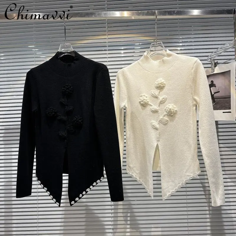 

Женская зимняя одежда, Новый Модный пуловер, вязаный Топ с вышивкой и цветочным разрезом, подол, свитер с длинным рукавом для женщин