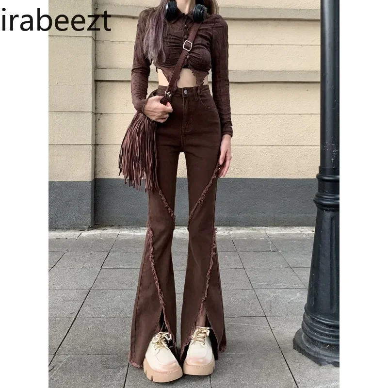 Фото Irabe Panger Micro Flare Женские джинсы Осенние эластичные коричневые широкие брюки с высокой талией Корейский стиль Чистые сексуальные брюки Женская одежда №1