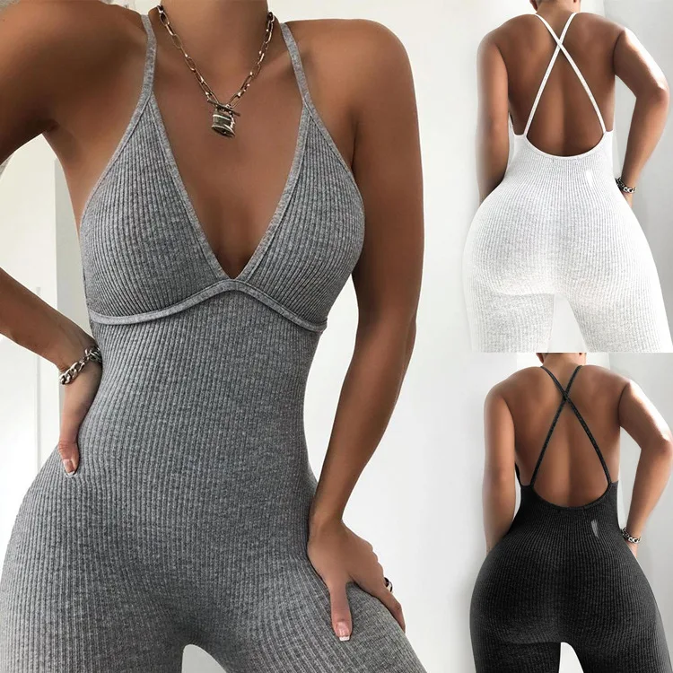 Summer Casual Sport Fitness Streetwear Female Jumpsuit Sexy V Neck Backless Skinny Elastic Sleeveless Jumpsuit Women Yoga Outfit