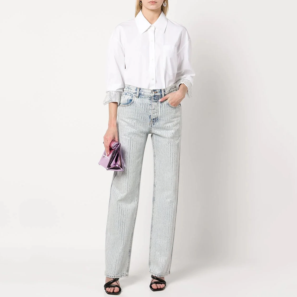 

Новинка лета 2022, модная нишевая Повседневная Свободная универсальная рулонная манжета, украшенная бусинами, белая куртка в стиле рубашки, Ж...