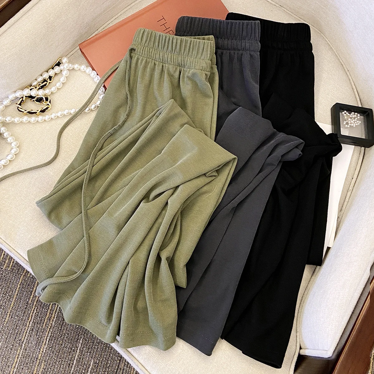 

2023 Women Summer Solid Color Vintage Pants Casual Stretch High Waist Fashion Wide Leg Pants Female Trousers