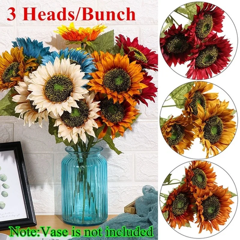 

3 Heads/Bunch Decorative Home Decor DIY Craft Fake Flores Bouquet Artificial Flower Silk Sunflower Wedding Decoration