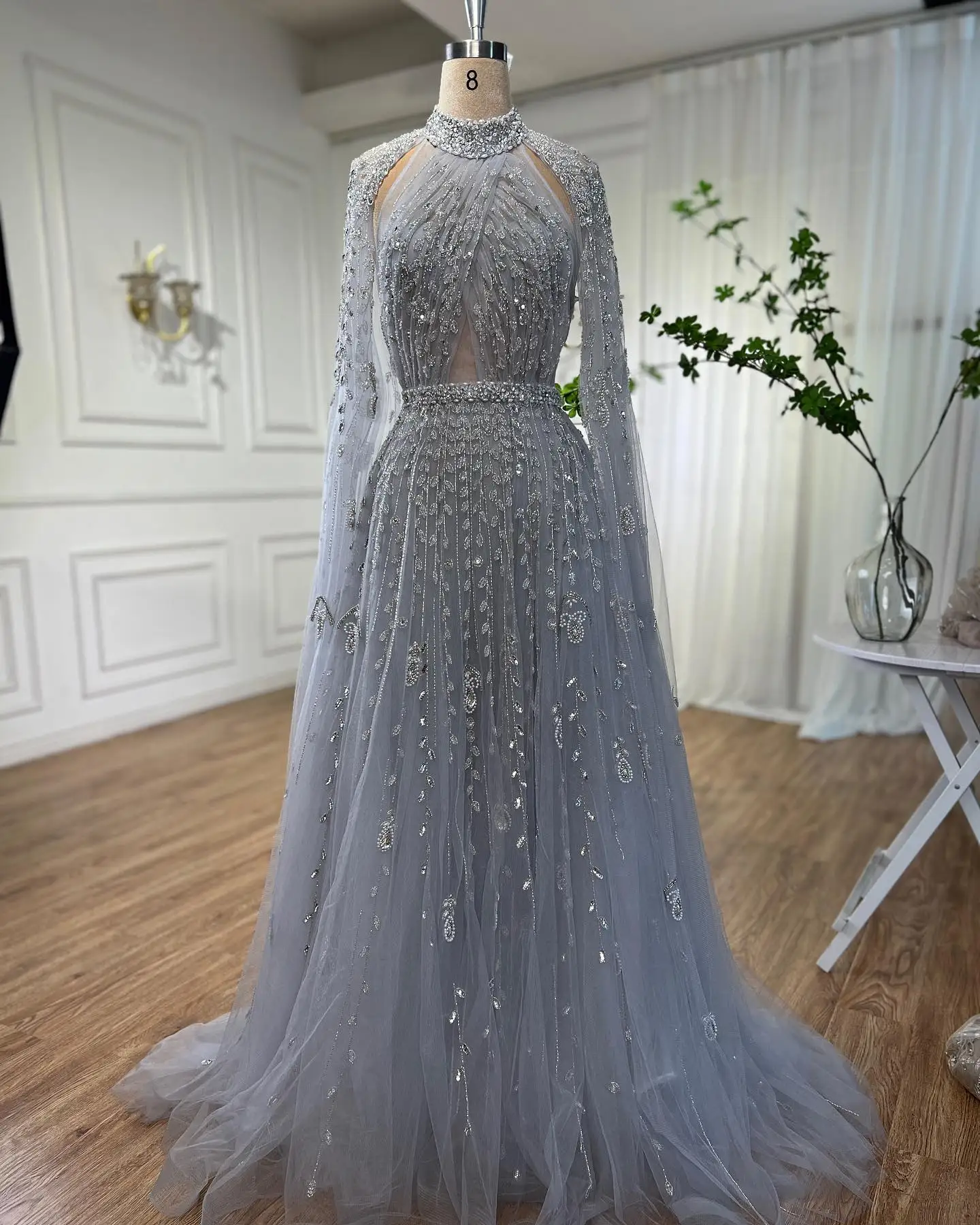 

Linyang Blue High Neckline Prom Dress Long Shawl Sleeves With Floor Length Evening Summer Elegant Party Dress For Women2023