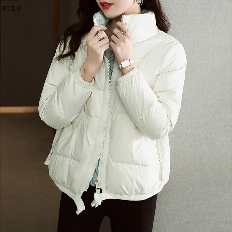 

Korean Warm Short Winter Coat 2023 Fashion Stand Collar Long Sleeve Parkas Solid Loose Thicken Cotton Padded Jackets For Women